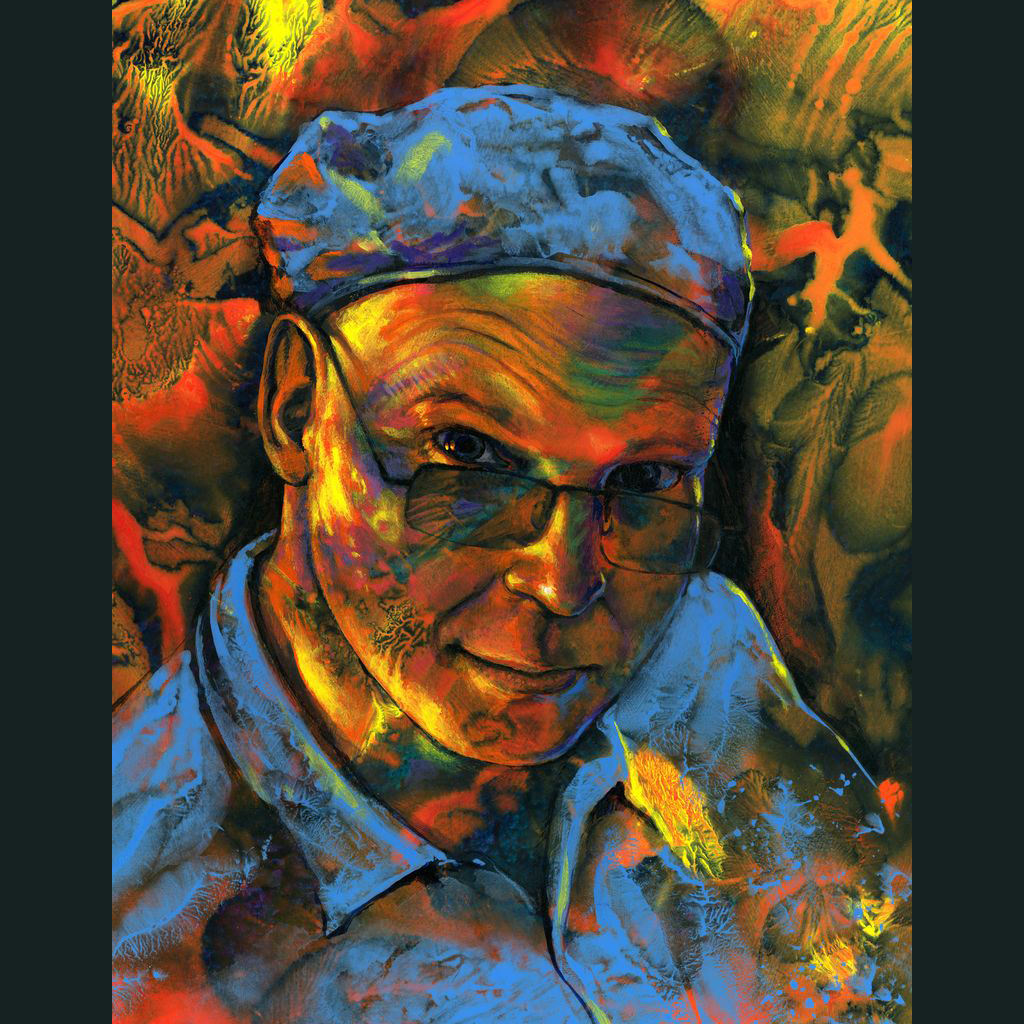 A multicoloured abstract portrait of artists and author Alan M Clark.  He is wearing rectangular glasses, a blue beret-like cap, and a blue button down shirt.  “Controlled Accident Autoportrait,” copyright © 2011 Alan M. Clark